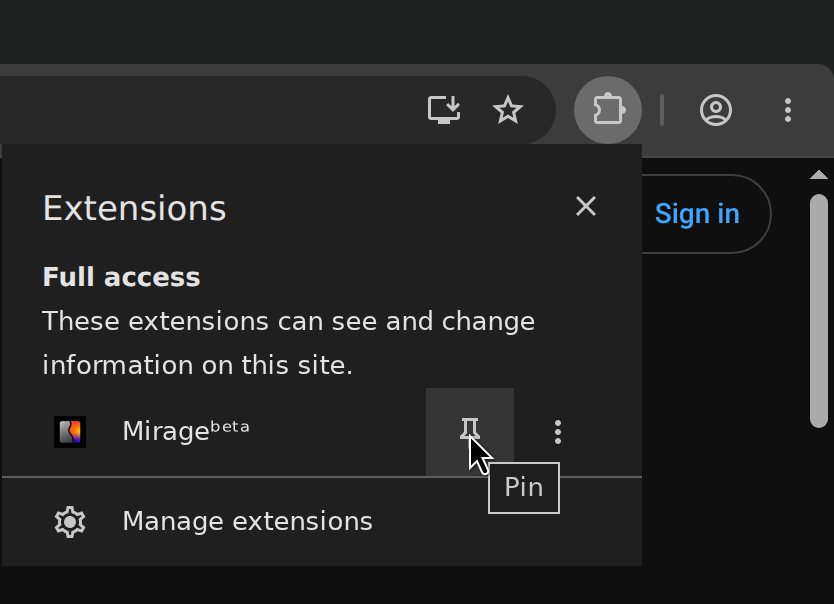 The browser extensions menu open, with the pin button next to Mirage highlighted